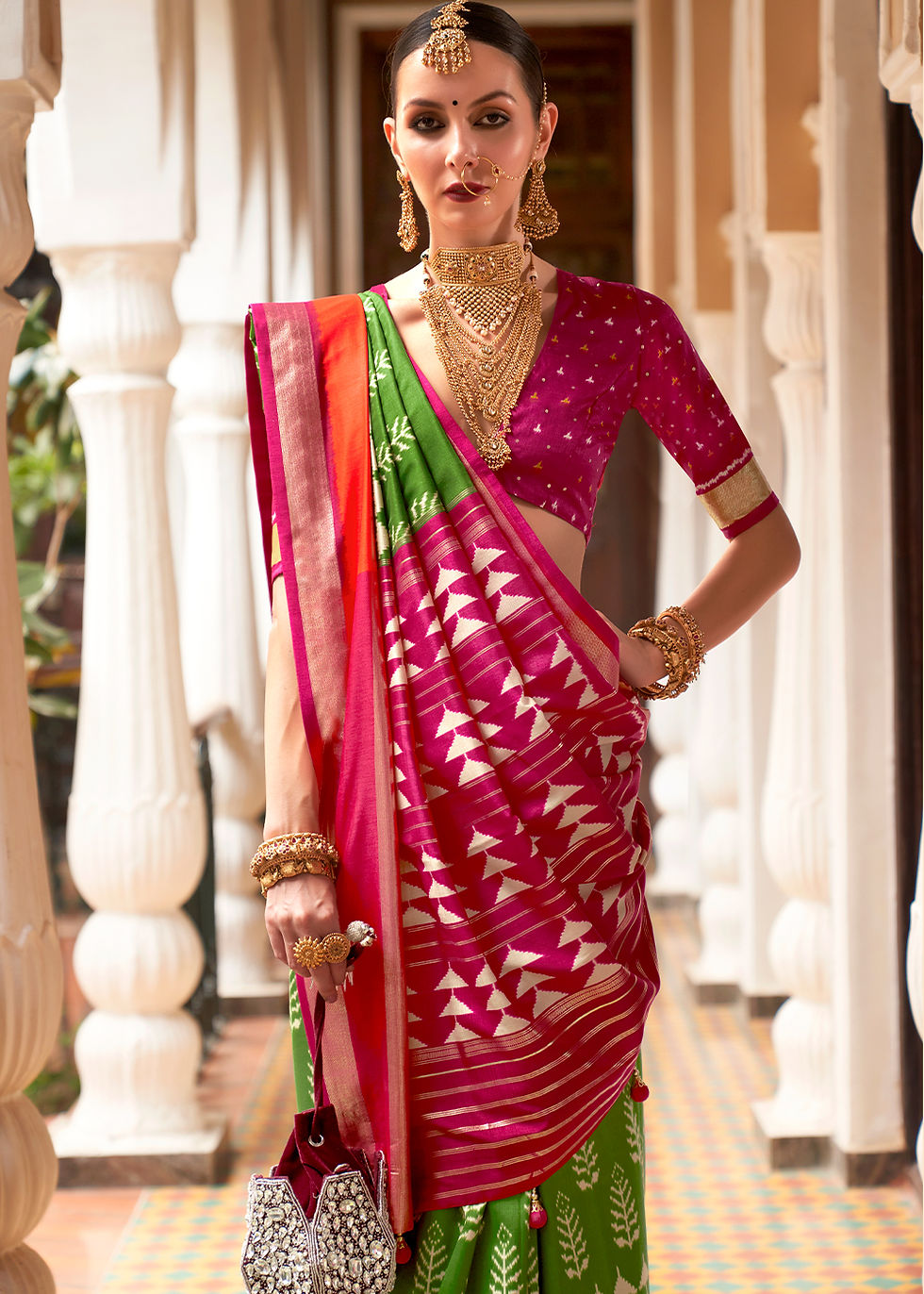 Green & Pink Printed Patola Silk Saree For Wedding