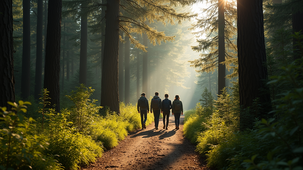 Wide angle view of a forest trail with a group walking together