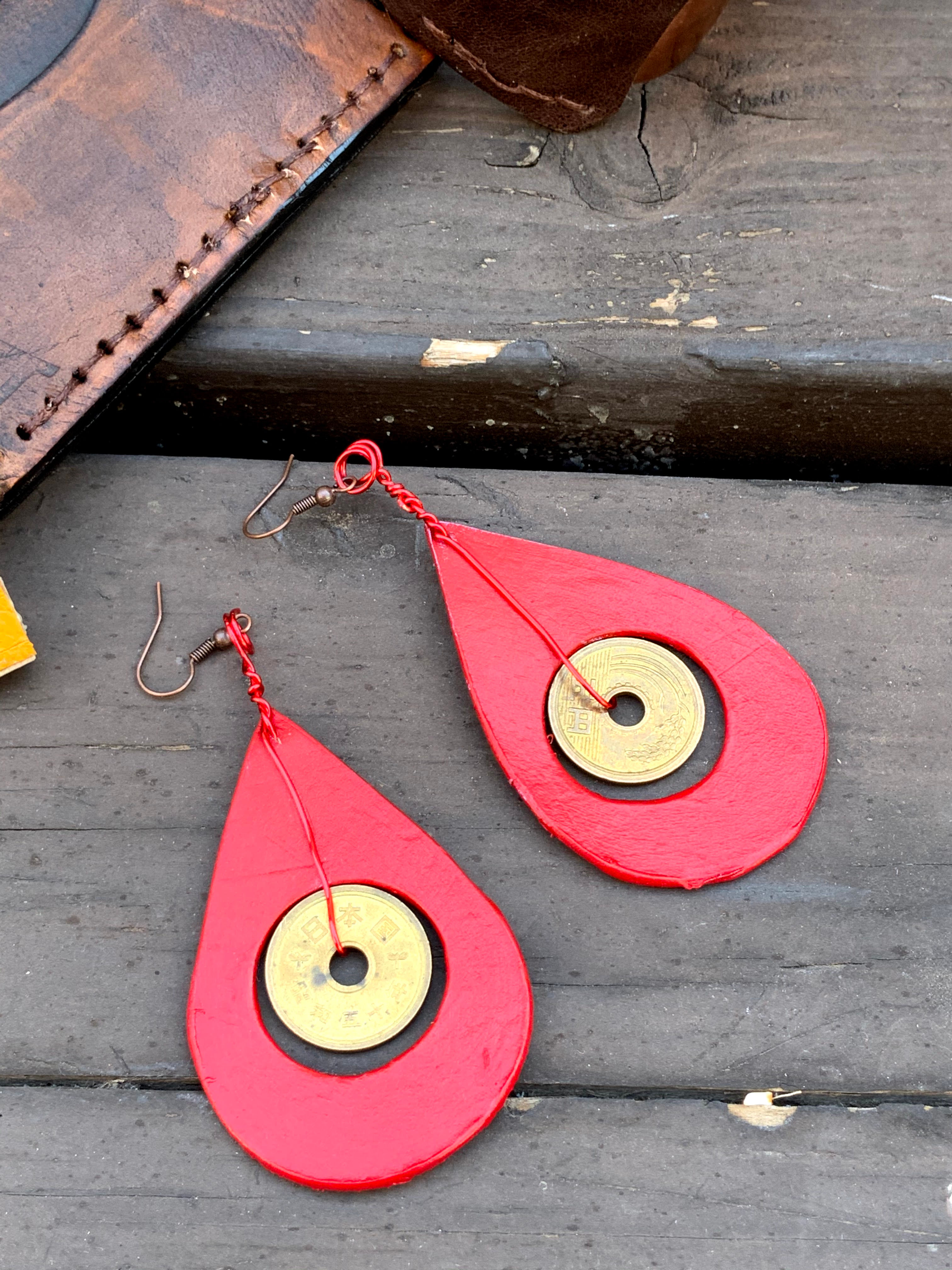 Red Hand Cut Leather Earrings with Asian Coins
