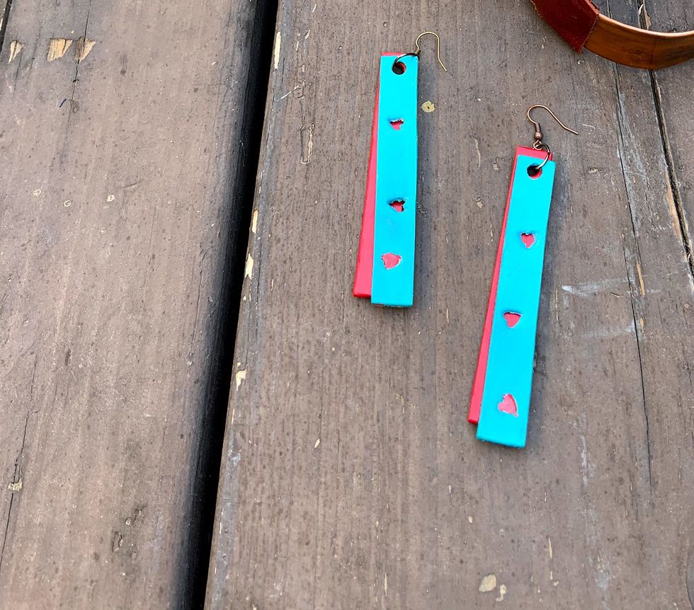 Thumbnail: Long Leather Two Fold Red and Turquoise Earrings