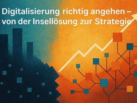 Digitalisierung von Insellösungen zur Strategie – abstrakte Illustration mit vernetzten Systemen und Wachstumskurve