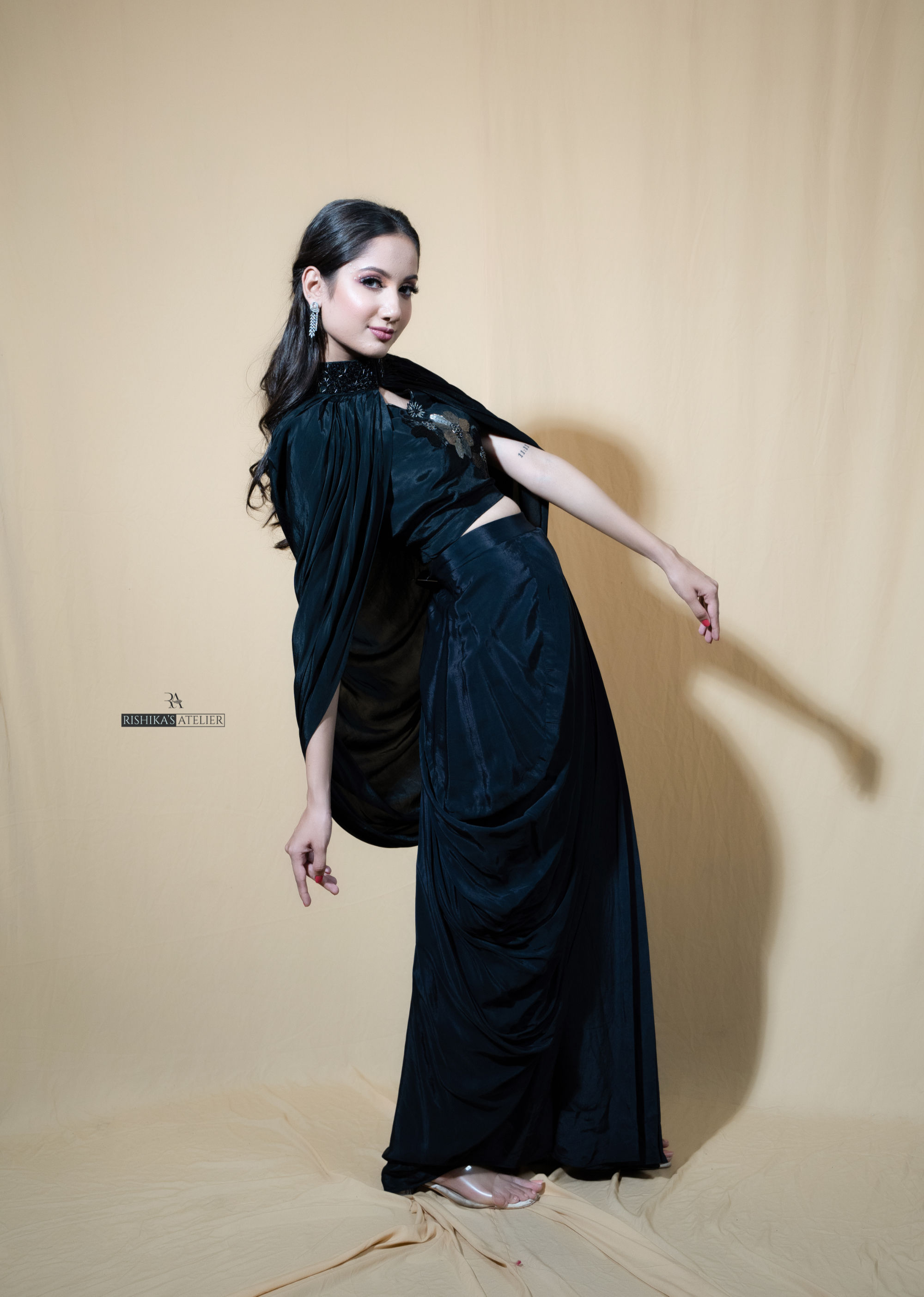 Charcoal Black Embellished Cape Set