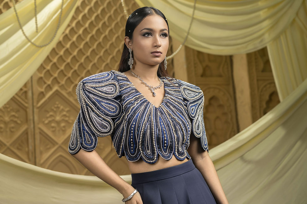 Thumbnail: Navy Blue Lehenga Heavily Embellished Blouse Paired Up With A Skirt