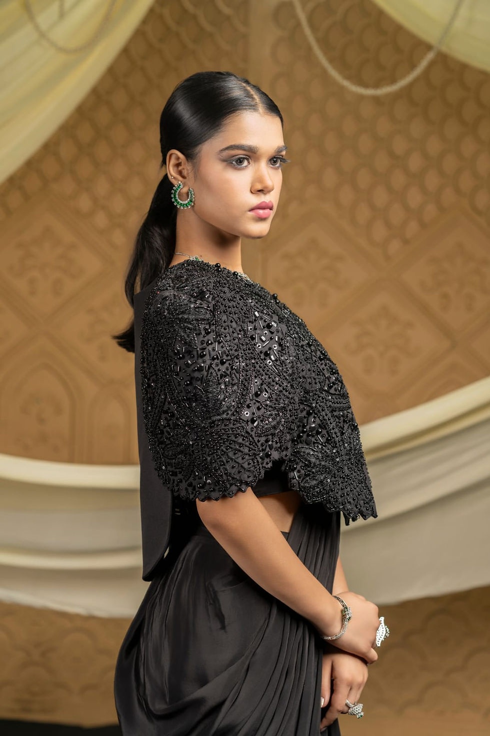 Thumbnail: Black Embellished Structured Jacket Paired With Inner And Pre Stitched Saree