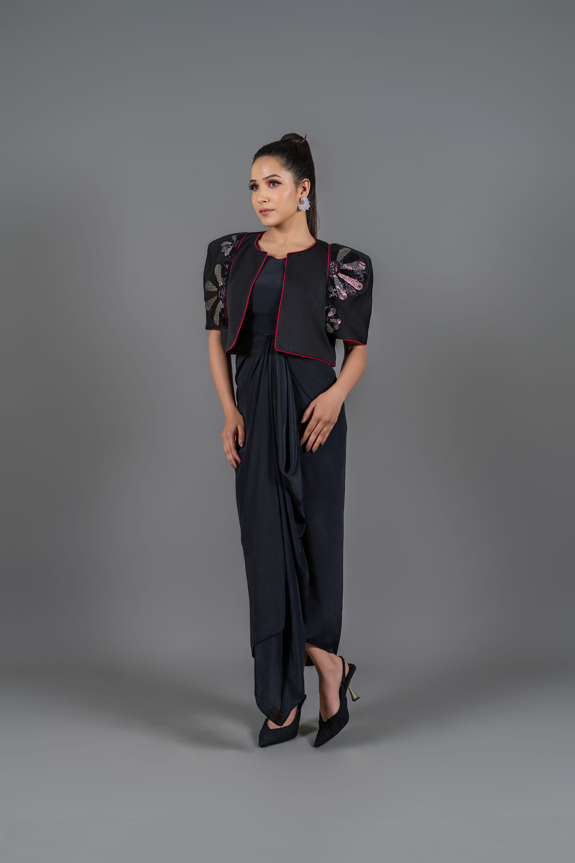 Black Drape Dress With Bat Sleeve Short Jacket