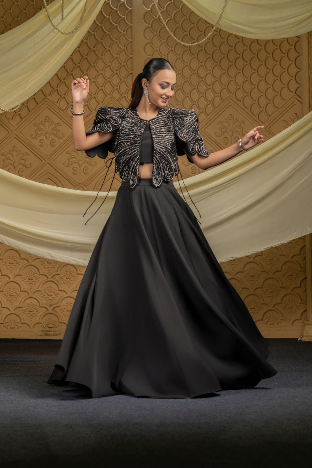 Black Embellished Structured Jacket Paired With Inner And Skirt