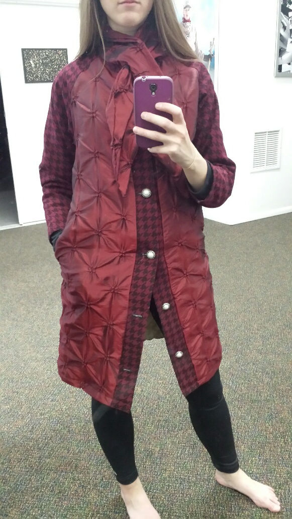 Thumbnail: Stunning Red Quilted Long Coat with Built in Scarf Detail - A Runway Sensation