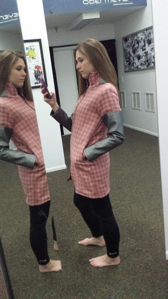 Thumbnail: Elegant Pink Houndstooth Long Coat w/ Silver Vinyl Sleeves - A Runway Highlight