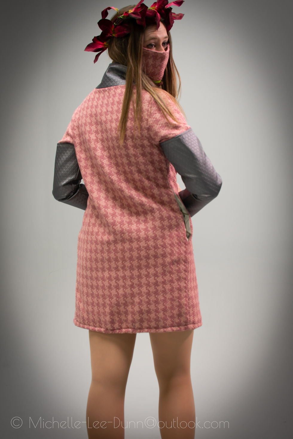 Thumbnail: Elegant Pink Houndstooth Long Coat w/ Silver Vinyl Sleeves - A Runway Highlight