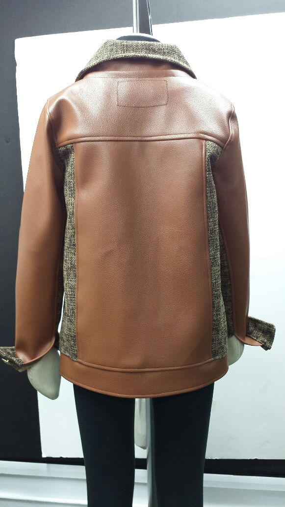 Thumbnail: Chic Chestnut Vinyl Mid-Length Jacket with Tweed Accents