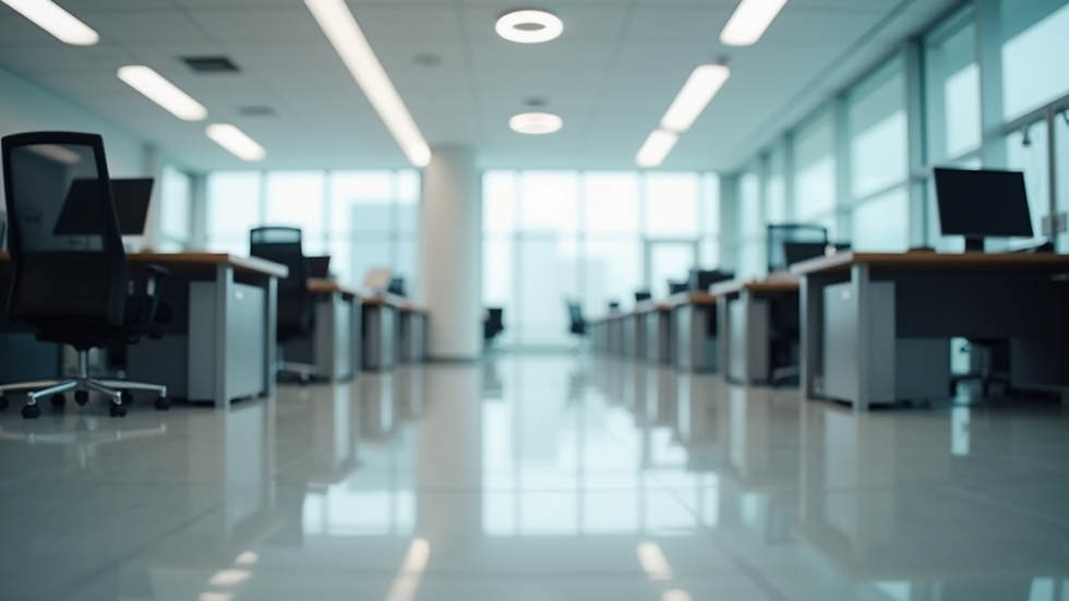 Eye-level view of a modern office space with clean floors and desks