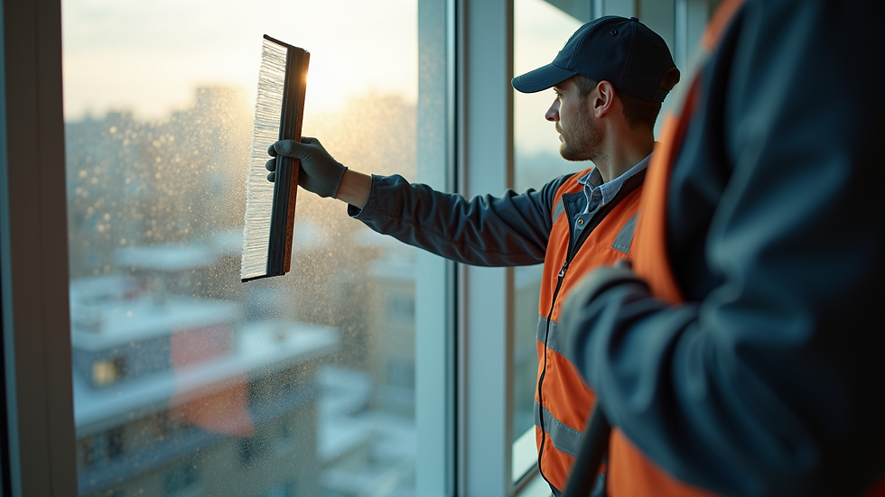 Close-up view of a window cleaner using professional tools