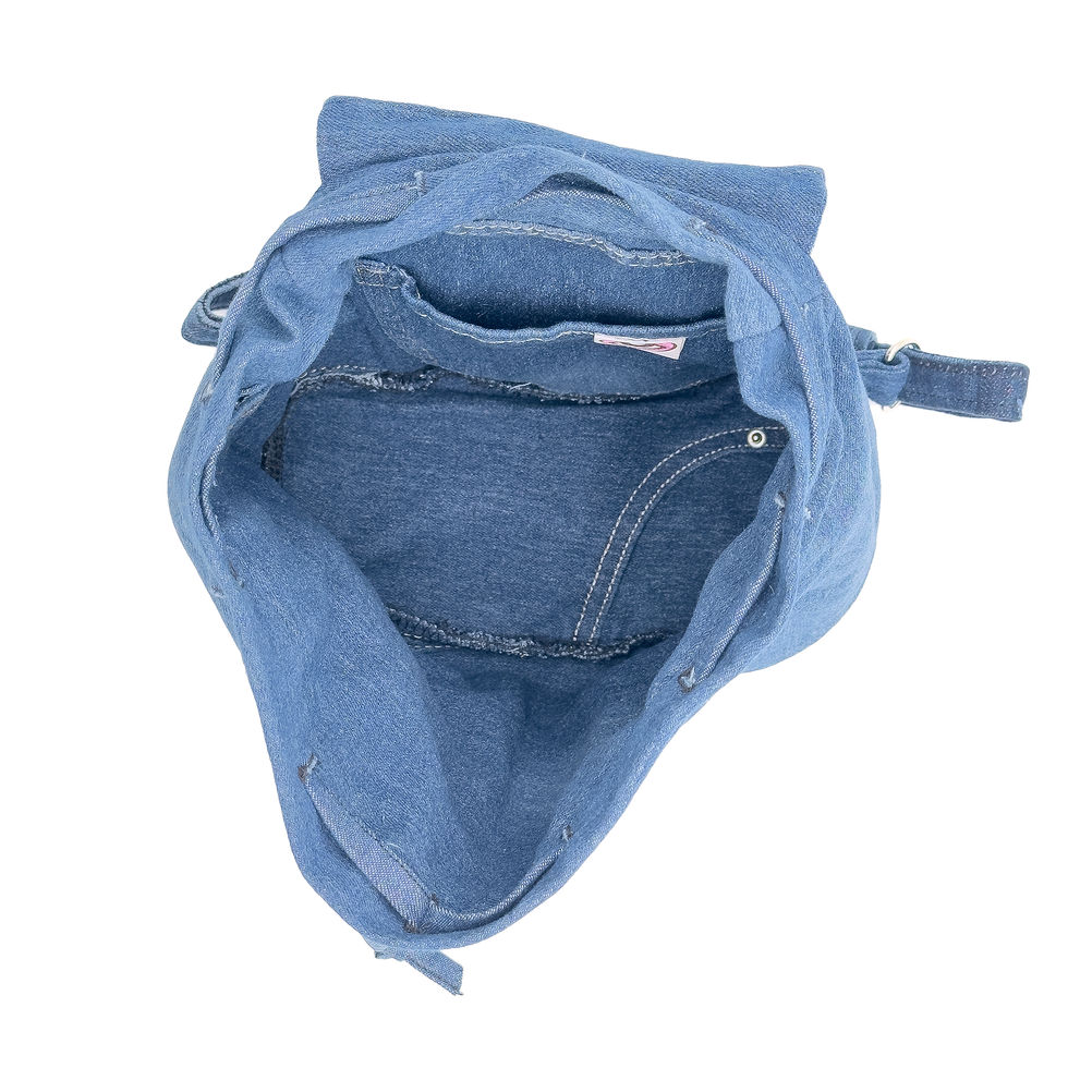 Recycled denim crossbody bag, featuring eco-friendly design with a commitment to reducing textile waste