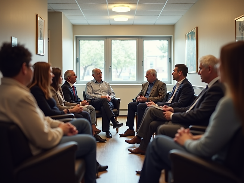 diverse group veterans discussing health care community center.png