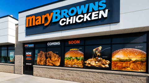 Mary Brown’s storefront signage and window graphics completed by Envy Prints