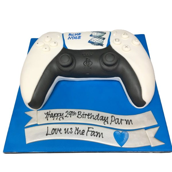 A creative and realistic PS5 controller-themed cake, perfect for gaming enthusiasts and special occasions. Made with attention to detail and skill.
