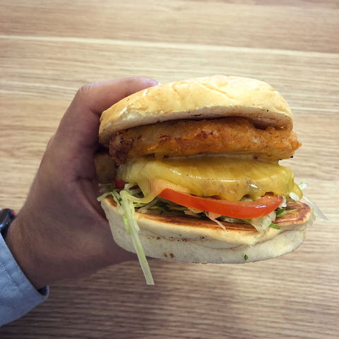 A Krunchy Chicken Burger held in one hand