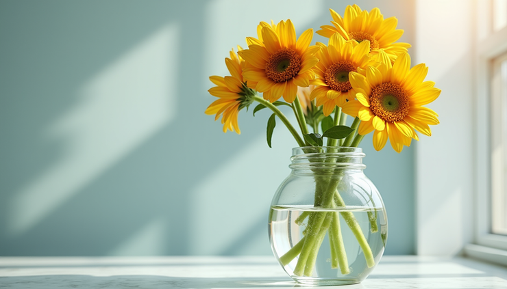 Close-up view of a floral arrangement in a clear glass vase filled with fresh water