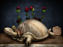 This heavily potted artifact features a boldly modeled tortoise standing on stocky, stout limbs with