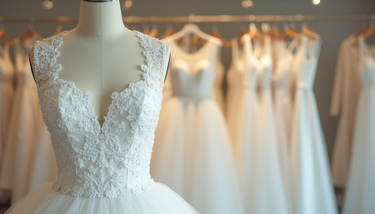 Vista frontal de vestido de noiva branco em manequim dentro de loja especializada