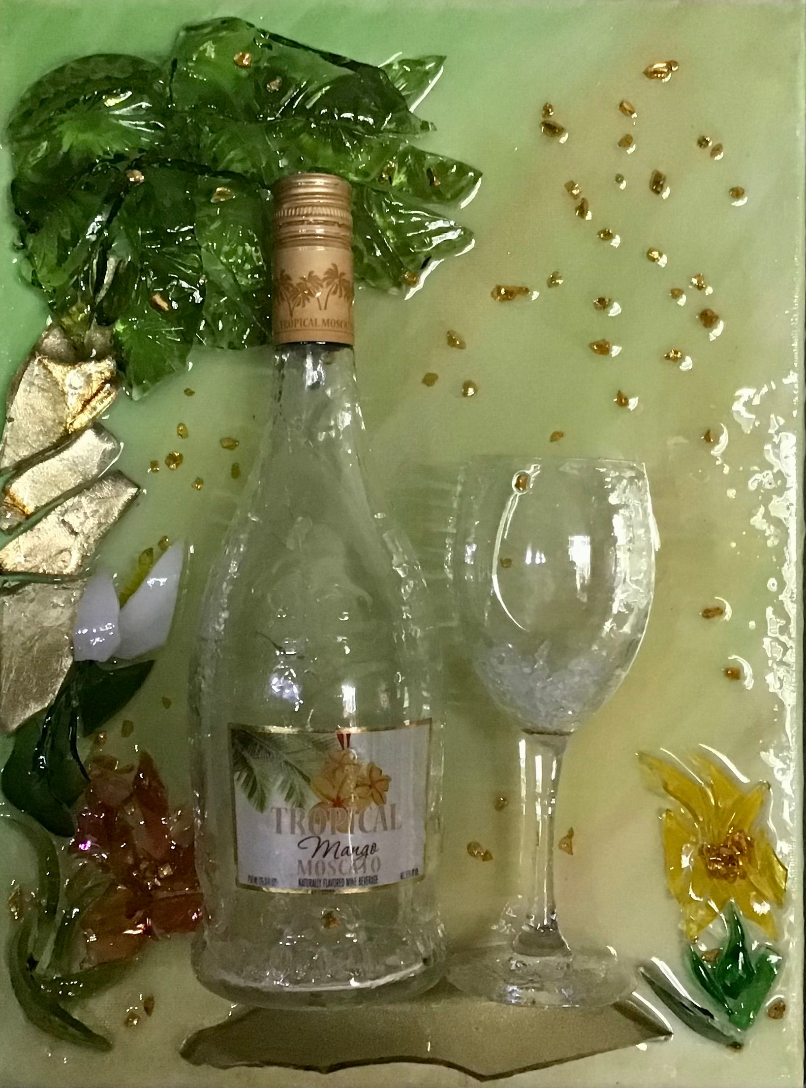 Wine Glass & Bottle w/Palm Tree