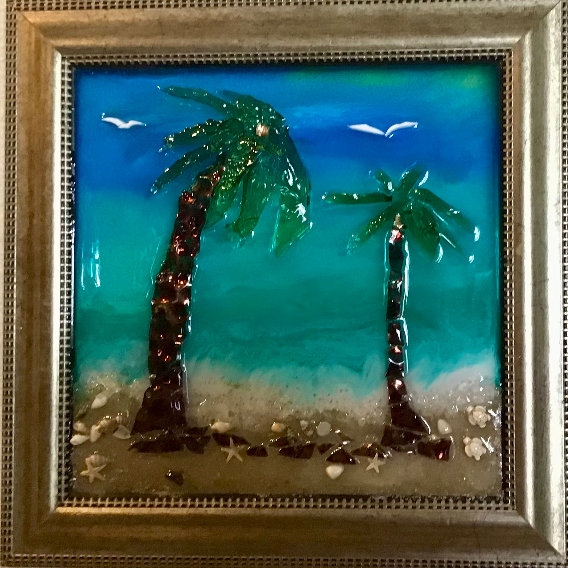 2 Palms on the Beach on Glass w/Frame
