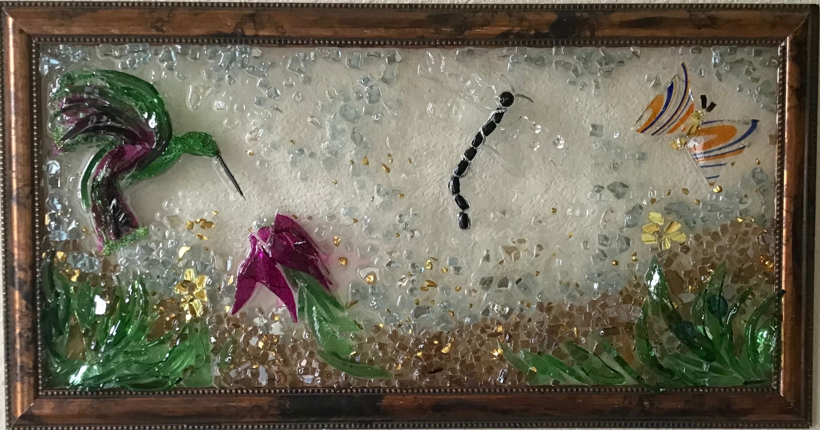 Hummingbird and Friends on Glass w/Frame