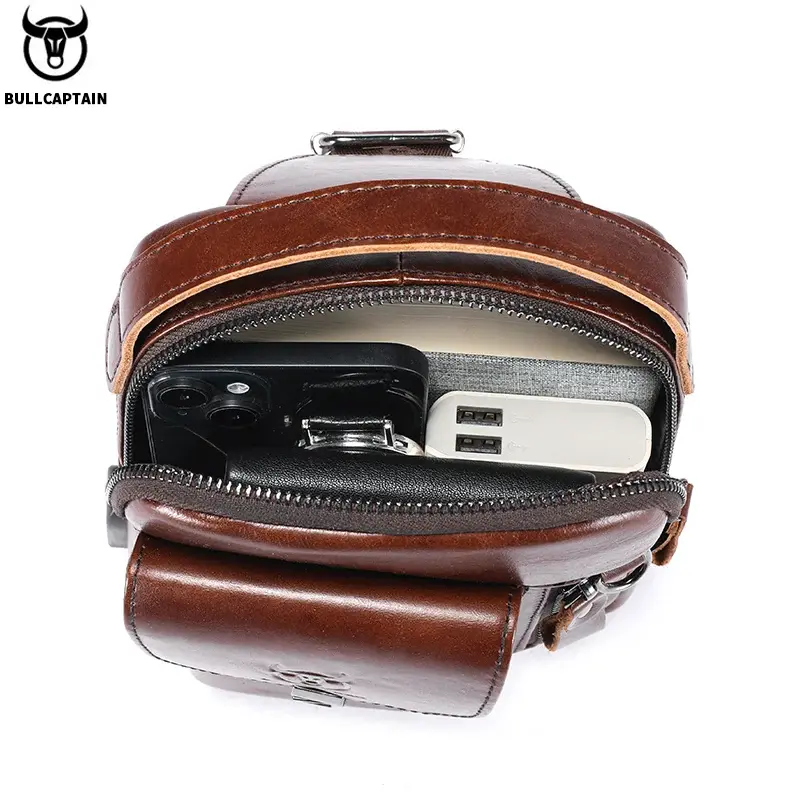 Thumbnail: BULLCAPTAIN Men's Genuine Leather Chest Bag Casual Retro 7.9-Inch Mobile Phone