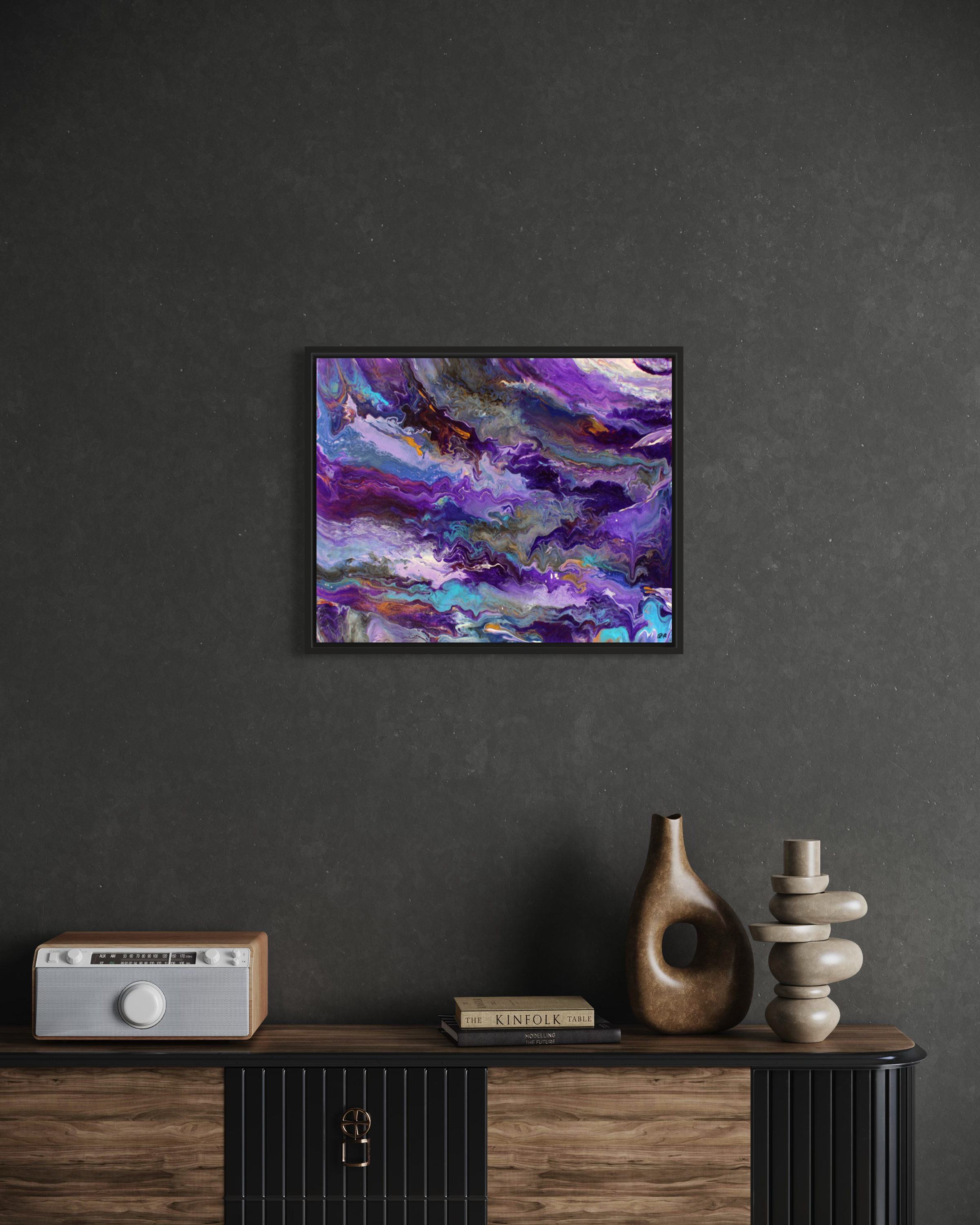 ONE OF A KIND ACRYLIC POUR, PURPLE/BLUE.