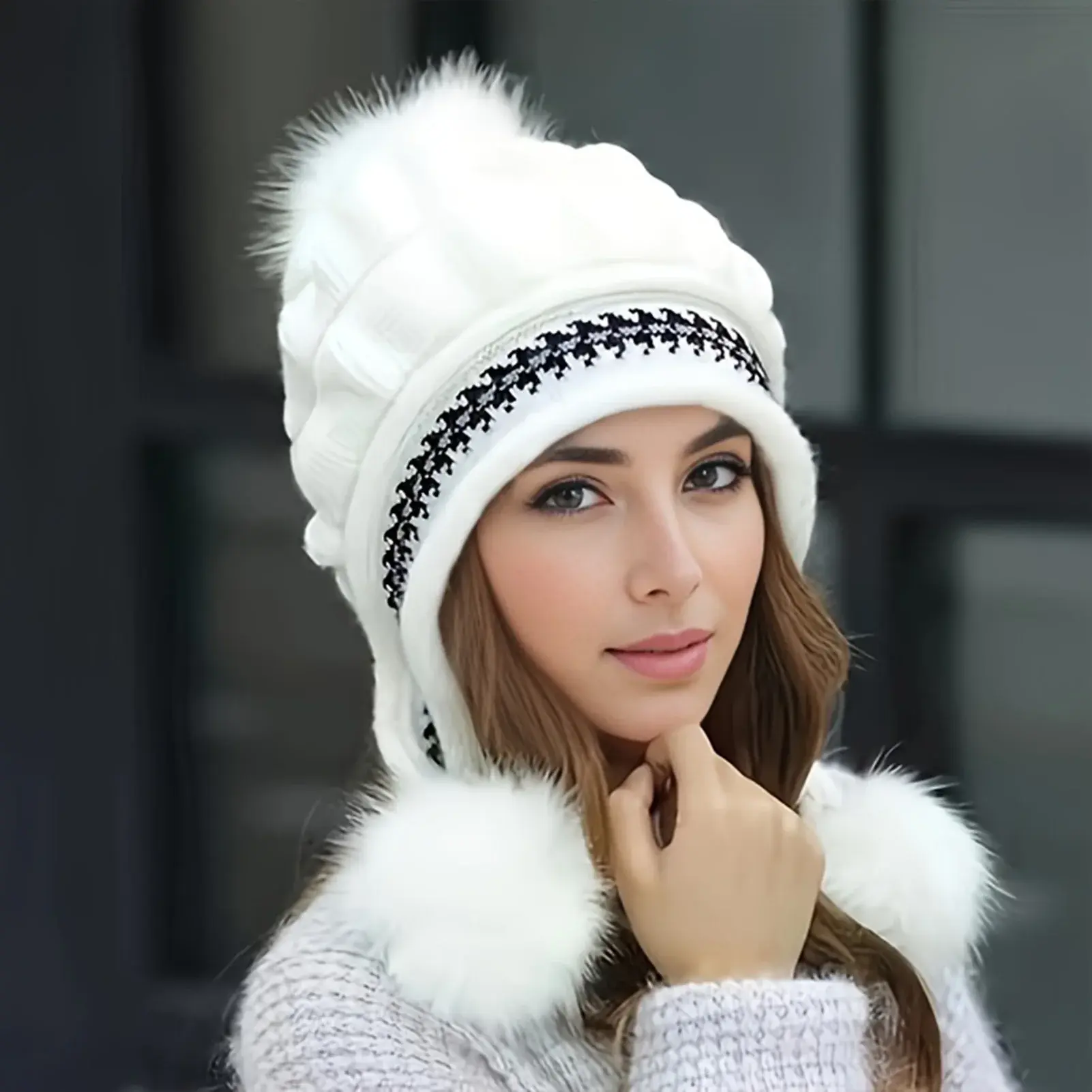 Soft Winter Warm Fur Hat Fleece Lined Earflap Hat for Women Knitted Beanie