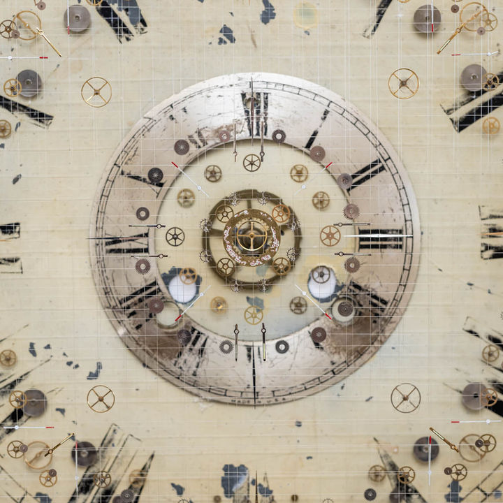 Close up of artwork, detail of clock face.