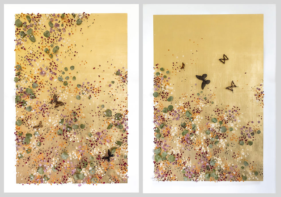 A gold diptych artwork featuring Eucalyptus leaves, dried petals and butterflies over a gold background