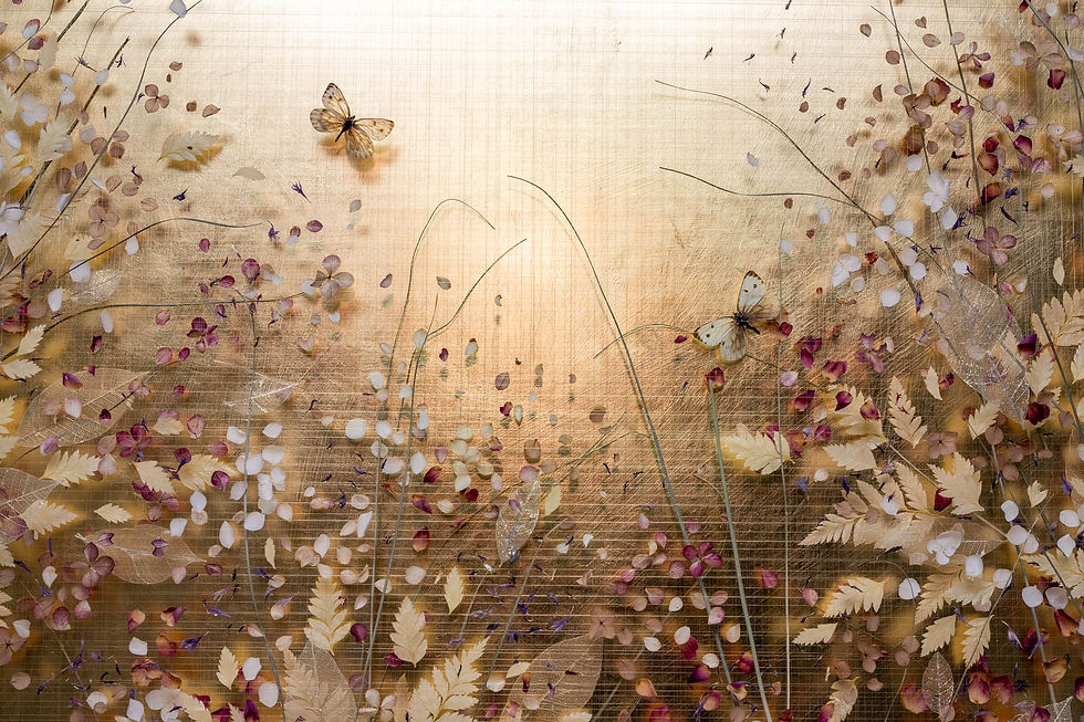 Grasses, leaves, petals and butterflies on a gold background