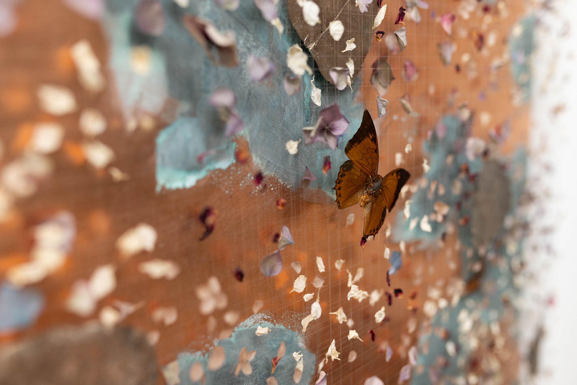 close up photo of petal and butterfly artwork on a copper and Verdi gris background