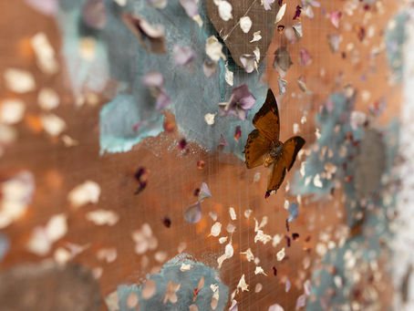 Dried petals and butterfly are suspended away from a copper and Verdi gris background in an artwork by Anna Masters