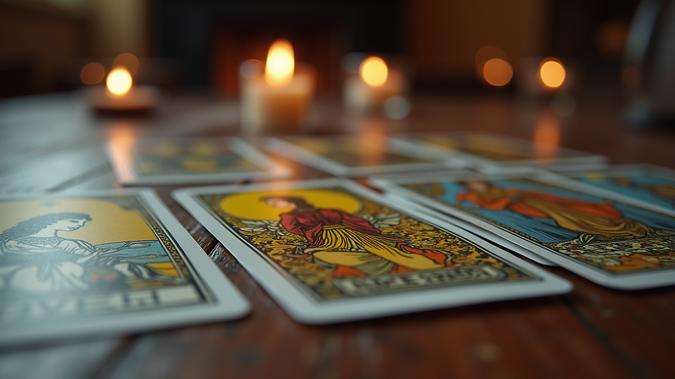 Close-up view of tarot cards laid out on a table