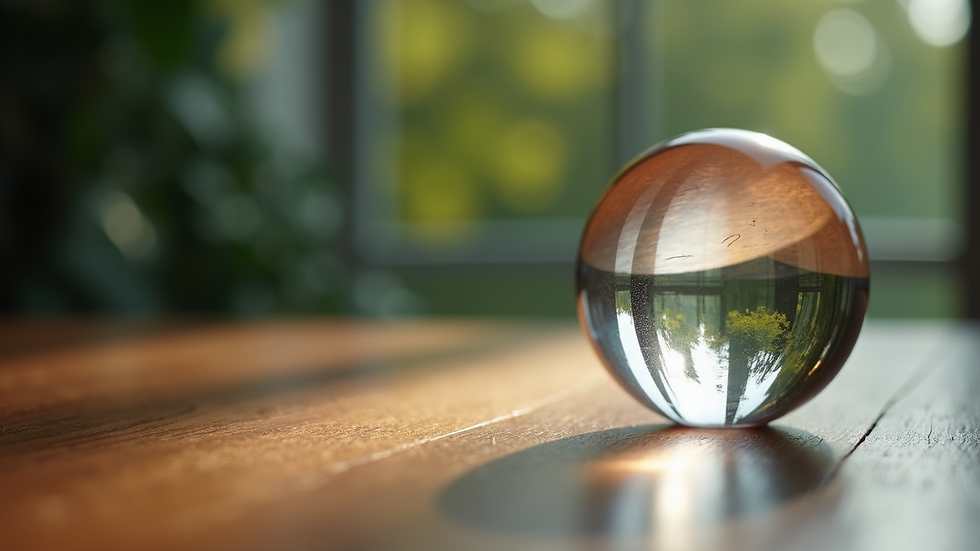 Close-up view of a crystal ball on a wooden table