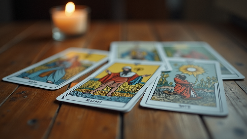 Close-up view of tarot cards laid out on a table