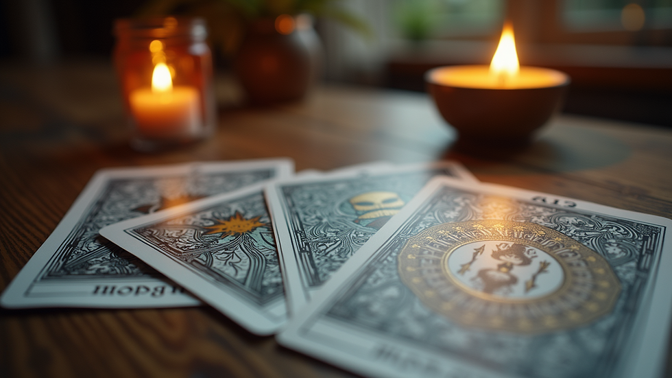 Close-up view of tarot cards laid out on a table