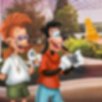 Disney characters Max Goof and his best friend PJ stand in front of EPCOT’s Spaceship Earth. Max, wearing a red shirt and blue pants, excitedly holds a camera, while PJ, dressed in a white t-shirt, green shorts, and round sunglasses, holds a drink. A hand to the right presents a stack of dripping honey-coated waffles, adding to the playful and whimsical atmosphere.