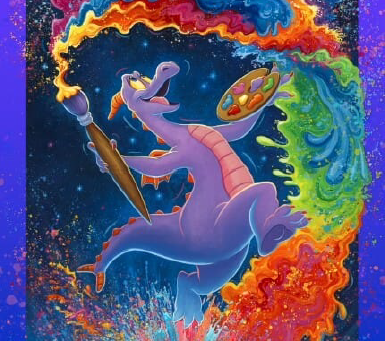 The official 2026 Epcot International Festival of the Arts poster titled "One Colorful Spark" by artist Tim Rogerson. The artwork features the purple dragon Figment joyfully dancing atop the geodesic sphere of Spaceship Earth. Figment holds a large wooden paintbrush in one hand and a colorful artist's palette in the other, splashing a vibrant, multi-colored swirl of paint into the starry night sky. The bottom of the poster displays the festival logo and the year 2026.