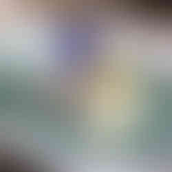 A delicate lemon poppy seed cake covered in white icing with a drizzle of yellow glaze, topped with a swirl of cream and a vibrant purple edible flower, served on a light green plate with a white and gold cloth underneath. This is the Lemon-Poppy Seed Cake from Earth Eats