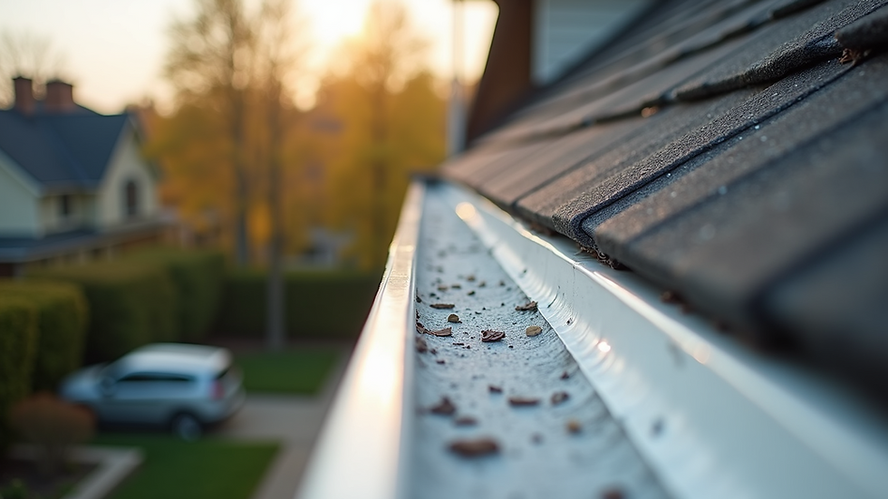 Eye-level view of a newly installed seamless gutter system on a residential roof