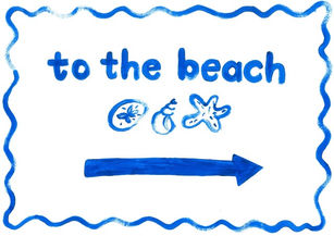 A3 landscape hand-painted blue and white travel beach print. To The Beach. Beach images and icons. PDF, postcard, greeting card, travel room and home decor.