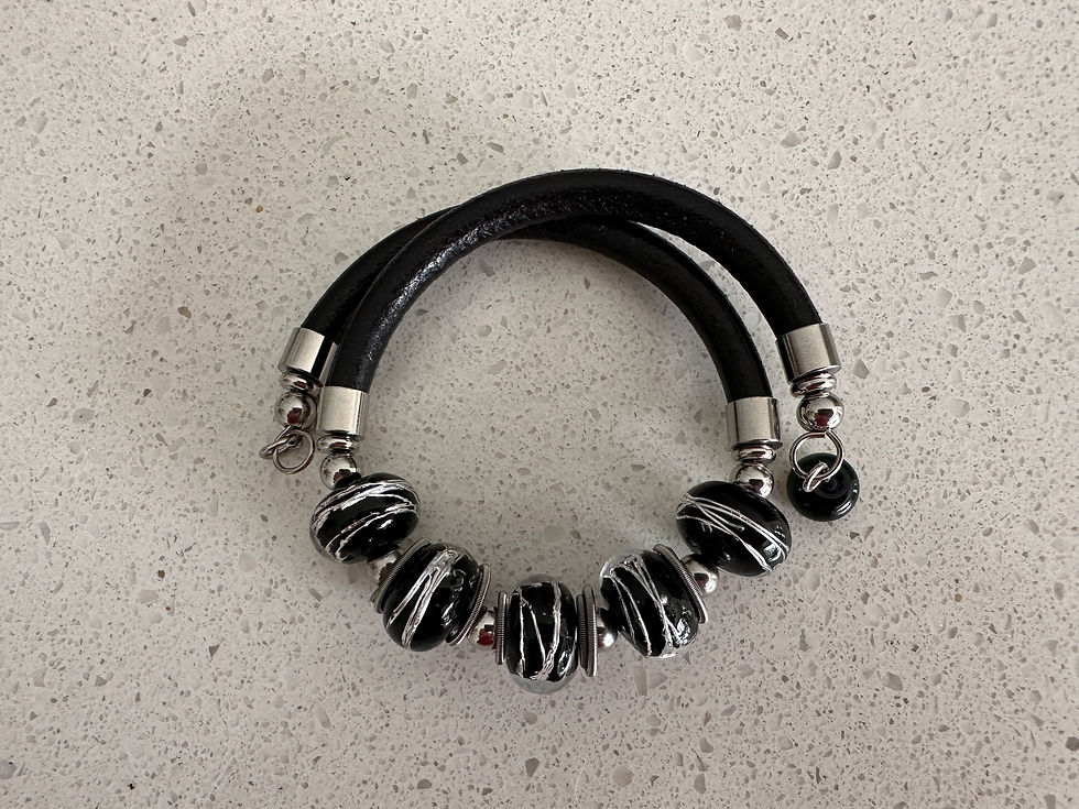 Black Glass Bead Bracelet Joyce Young Design Leather