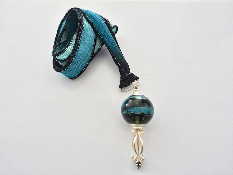 Green and blue round glass bead necklace handmade by Joyce Young design