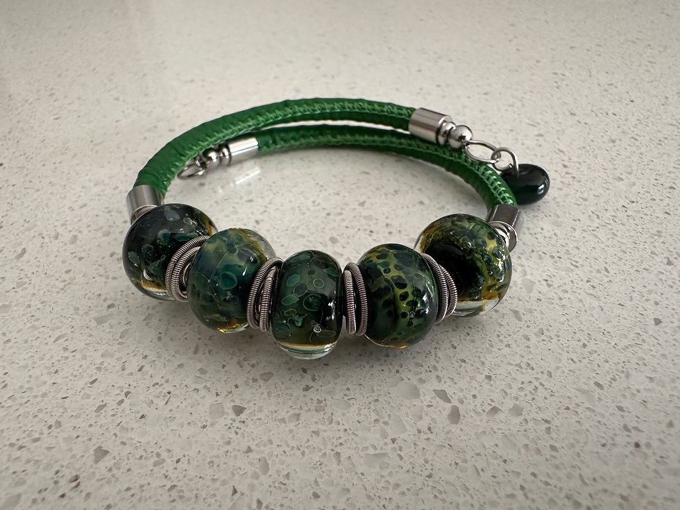 Speckled Dark Green Glass Bead Bracelet Eco Leather