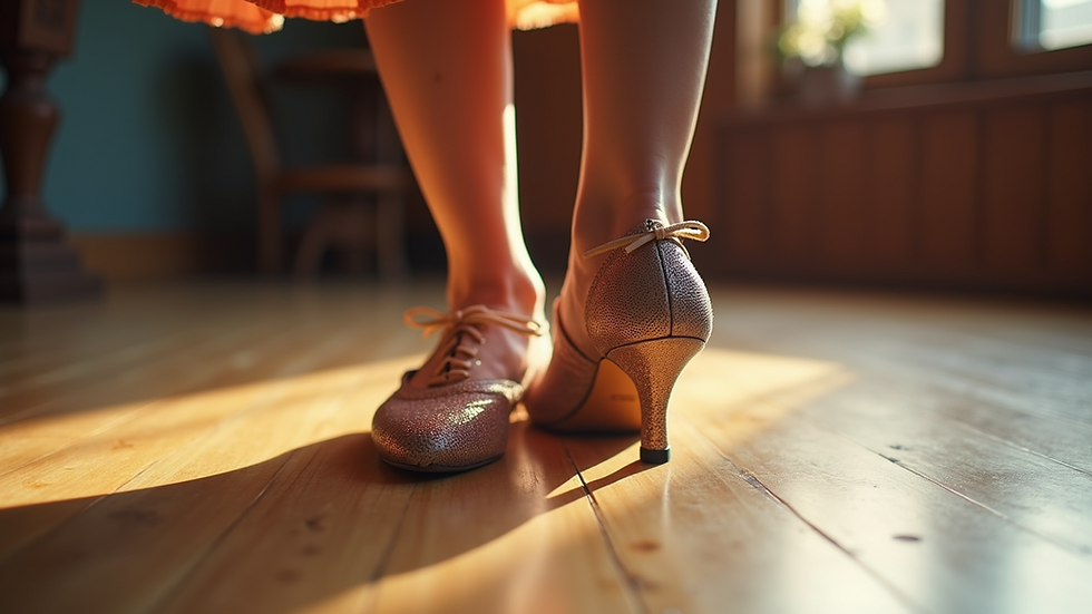 Close-up of colourful dance shoes on a wooden floor