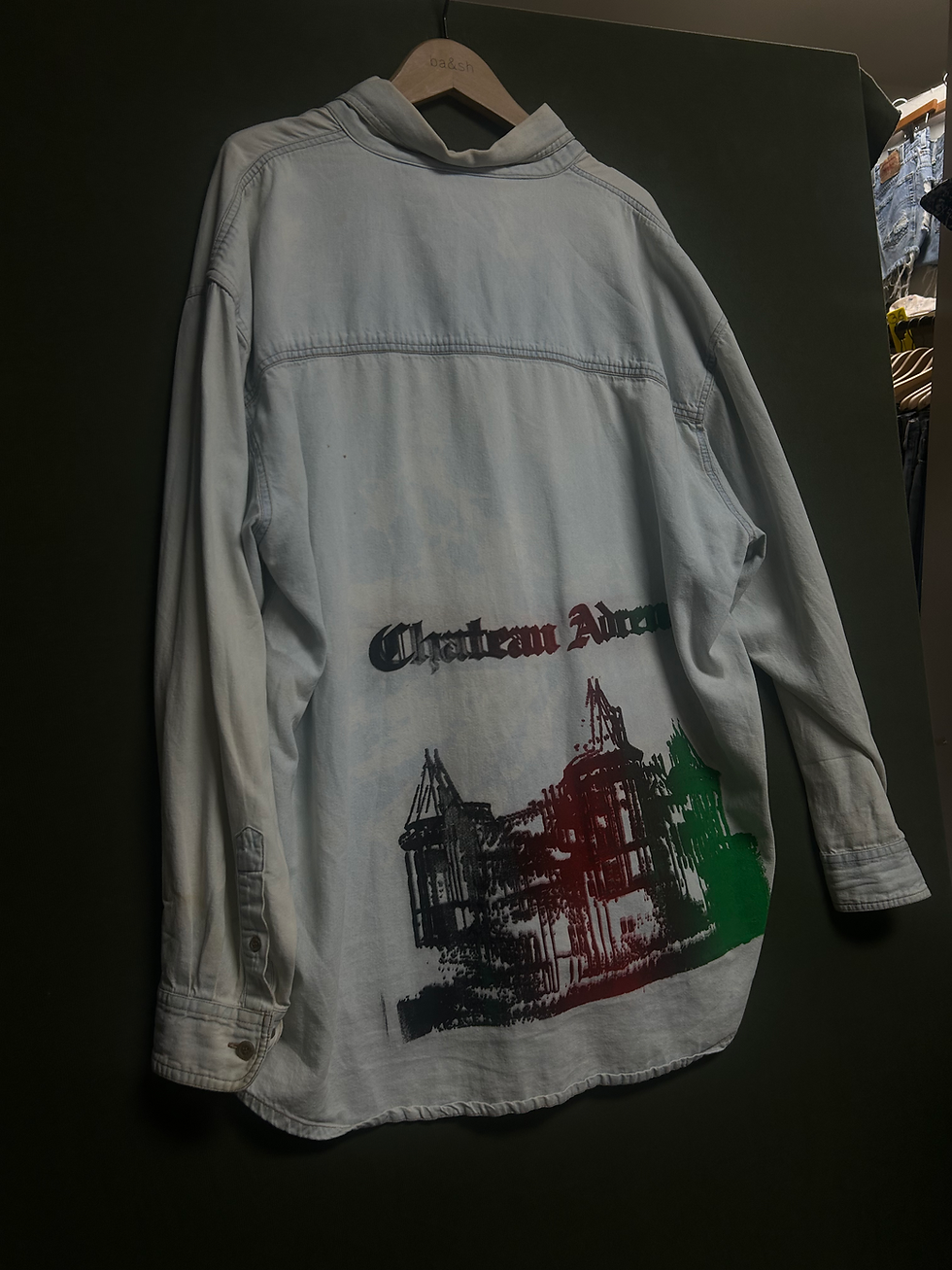 Thumbnail: Vintage Light Wash Denim Shirt – Chateau Adare Graphic Back Print | Casual Shirt