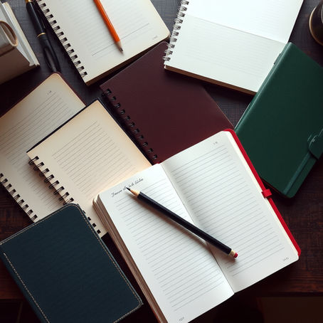 Several blank notebooks scattered on a desktop.